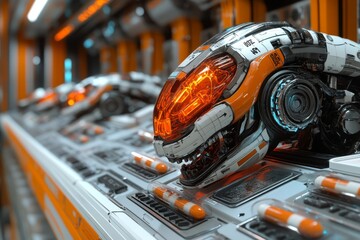 Fototapeta premium Futuristic robotic arm assembling digital capsules in a high tech manufacturing environment symbolizing the precision and advanced technology of robotics in modern medicine
