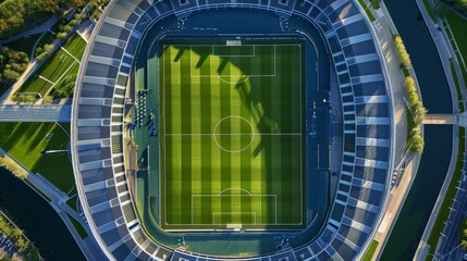 Obraz premium Aerial View of Soccer Stadium Surrounded by Water, Drone, Stadium, Soccer , Sports