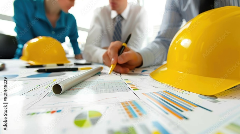 Wall mural generate a photo realistic image of a construction project team conducting a review of financial pla
