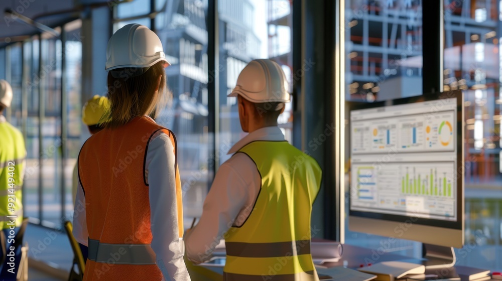 Wall mural generate a photo realistic image of a construction project team conducting a review of financial str