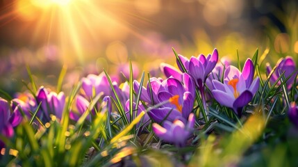 Sunrise Crocus Bloom, Macro Photography, Spring Flowers, Purple Petals, Golden Light, crocus, spring