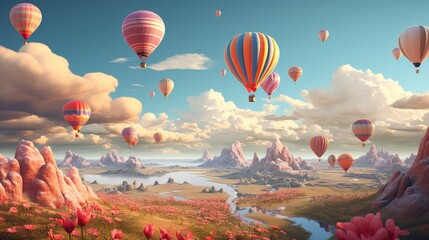 Naklejka premium A serene landscape filled with colorful hot air balloons floating over mountains and rivers.