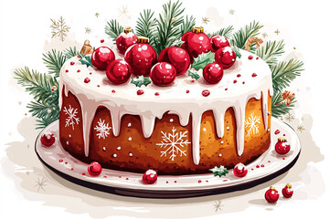 Illustration of a festive Christmas cake with icing and decorations.
