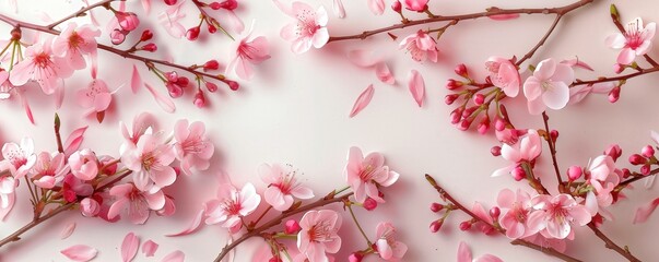 Obraz premium Delicate pink cherry blossoms arranged artistically on a light background.