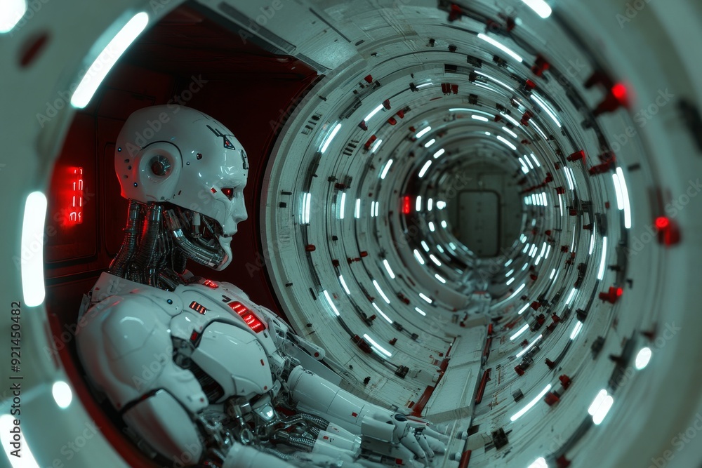 Poster futuristic robotic hand reaching through a digital vortex symbolizing breakthrough in cyber tech