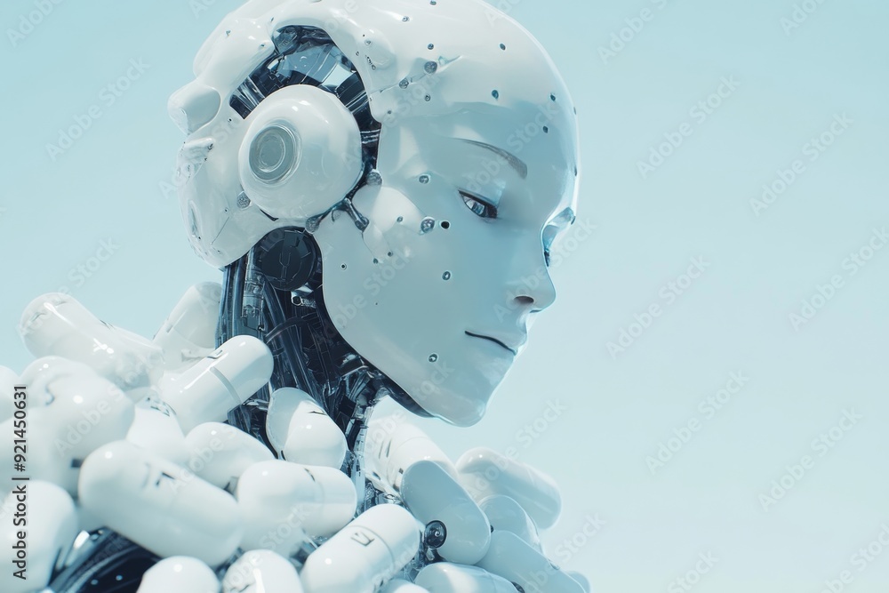 Poster snow covered robotic face with serene expression merging nature with advanced technology
