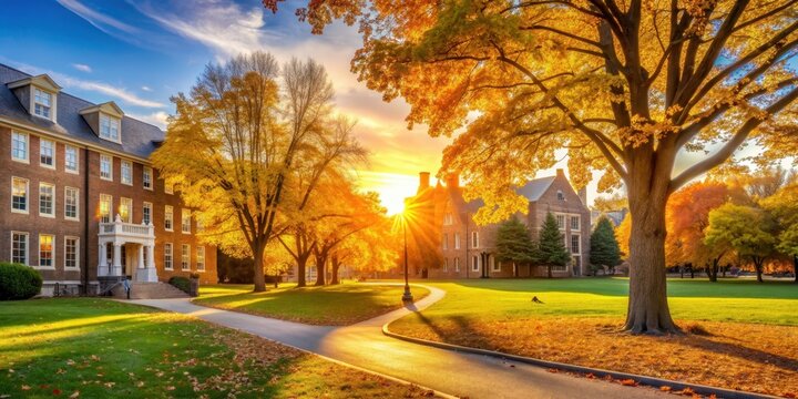 Serene college campus bathed in golden morning light during autumn , road, tree, fall, landscape, nature, season, sky