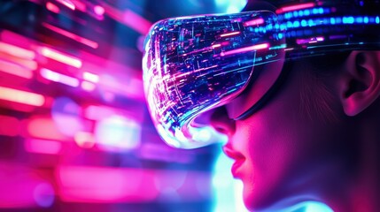 Close-up of a person using a VR headset with vibrant neon lights and holographic effects, showcasing the immersive experience of virtual reality