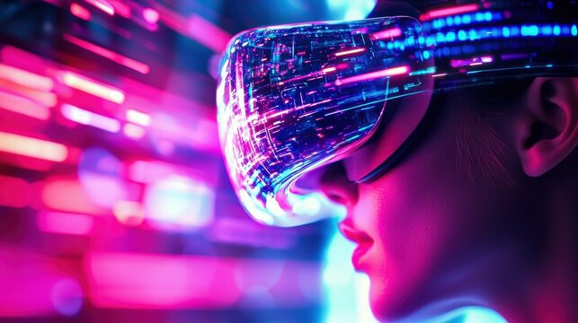 Close-up of a person using a VR headset with vibrant neon lights and holographic effects, showcasing the immersive experience of virtual reality