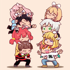 Cartoon chibi boys giving his friend a piggyback ride vector illustration