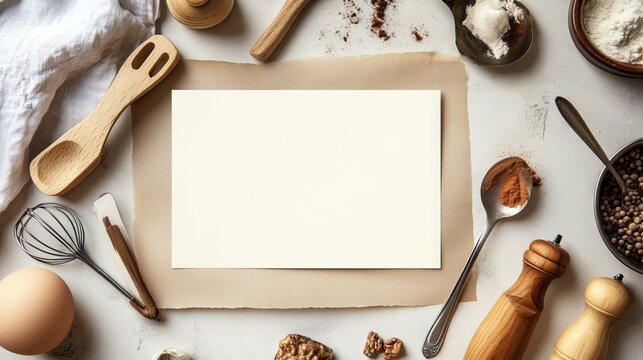 A blank recipe card on a table with cooking utensils around it, offering copy space.