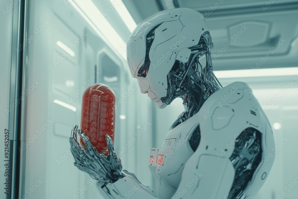 Aufkleber robots engaged in digital tasks utilizing red and white pills to symbolize medical technology
