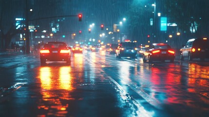 Fototapeta premium A busy intersection with traffic lights shining through the rain and car headlights.