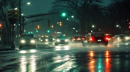 Fototapeta premium A busy intersection with traffic lights shining through the rain and car headlights.