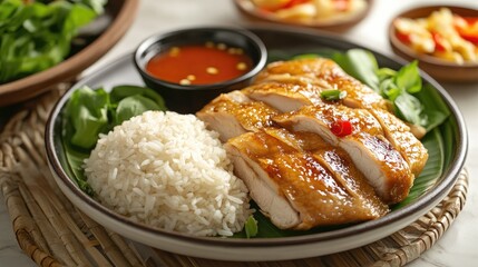 A casual dining scene with a plate of rice and roasted chicken, served with dipping sauce.