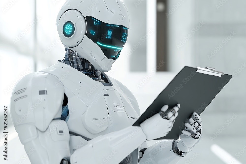 Poster white humanoid robot holding a clipboard symbolizing the role of ai in data management and analysis