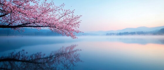 Misty morning with a cherry blossom tree reflecting on a calm lake