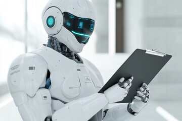 White humanoid robot holding a clipboard symbolizing the role of AI in data management and analysis
