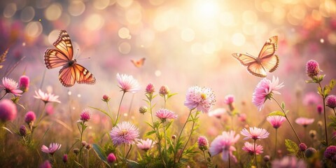 Naklejka premium Pink butterflies and meadow flowers flying in the early morning sunlight of a vintage autumn day , pink, butterflies