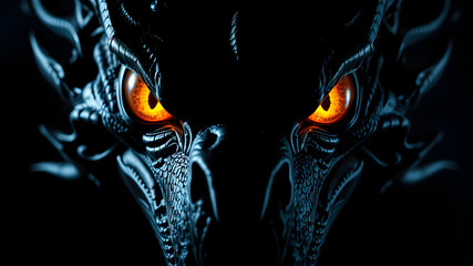 Dragon face in the dark with gleaming yellow reptillian eyes. Generative AI
