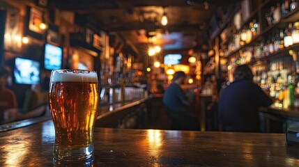 A cozy bar scene with a glass of beer in the foreground and patrons in the background.
