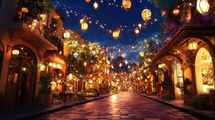 A festival street with illuminated arches and lanterns, creating a picturesque scene.