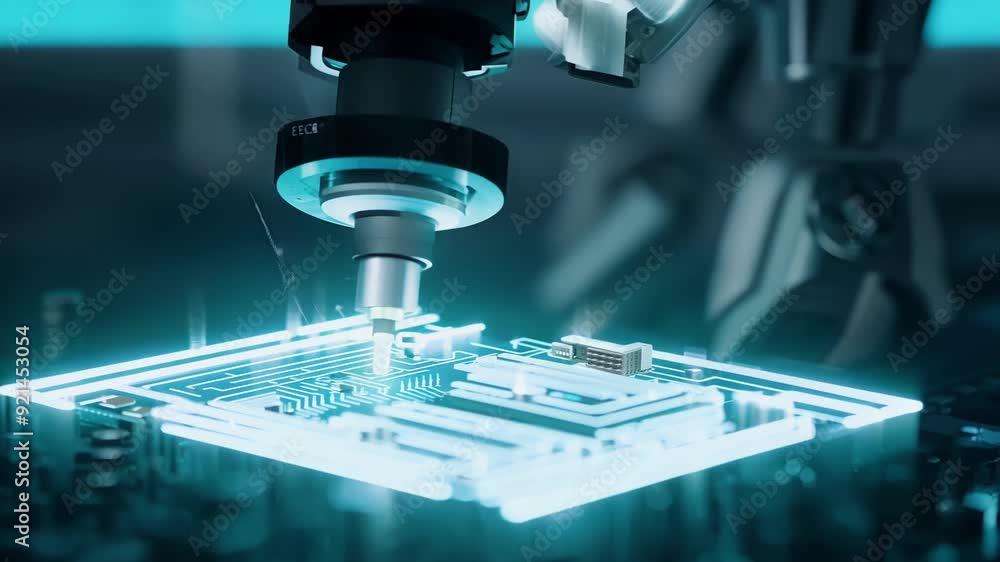 Poster a robotic arm meticulously assembles microchips in a cutting-edge lab, showcasing precision and inno
