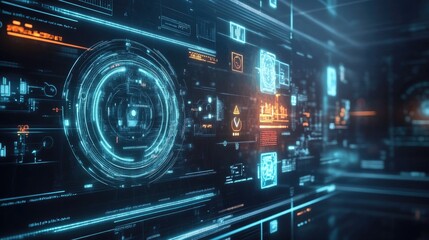 Fototapeta premium A futuristic concept of wireless communication with holographic displays and digital icons.