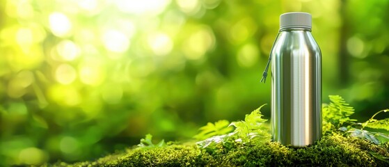 Eco-friendly water bottle on a bed of moss, with a lush forest background, promoting sustainability
