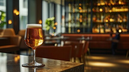 A glass of beer placed on a bar with a stylish, modern interior in the background. -