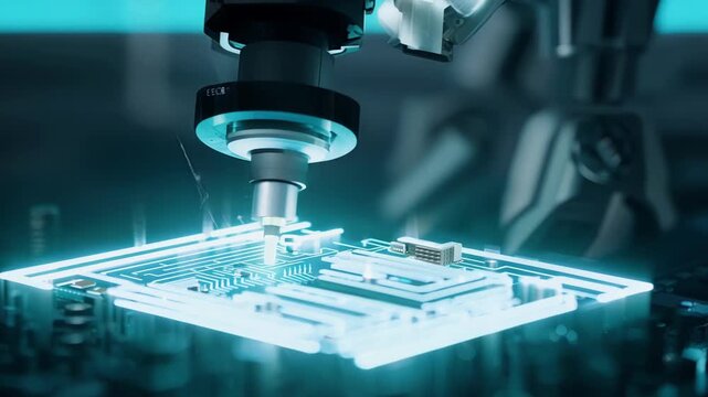 A robotic arm meticulously assembles microchips in a cutting-edge lab, showcasing precision and innovation in technology.
