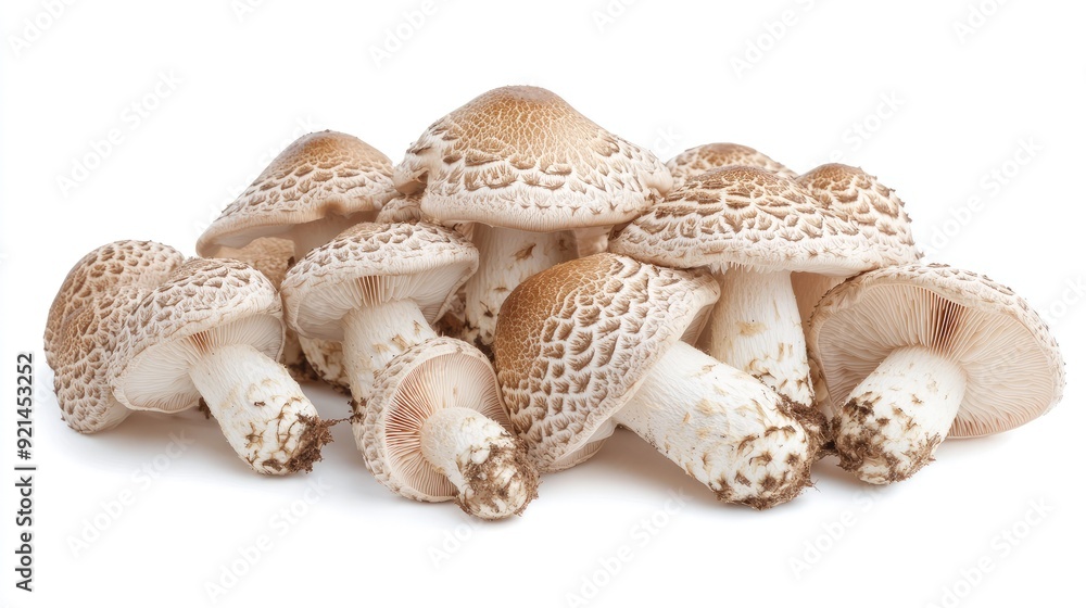 Poster a group of matsutake mushrooms with their distinct shapes and patterns, isolated on a white backgrou