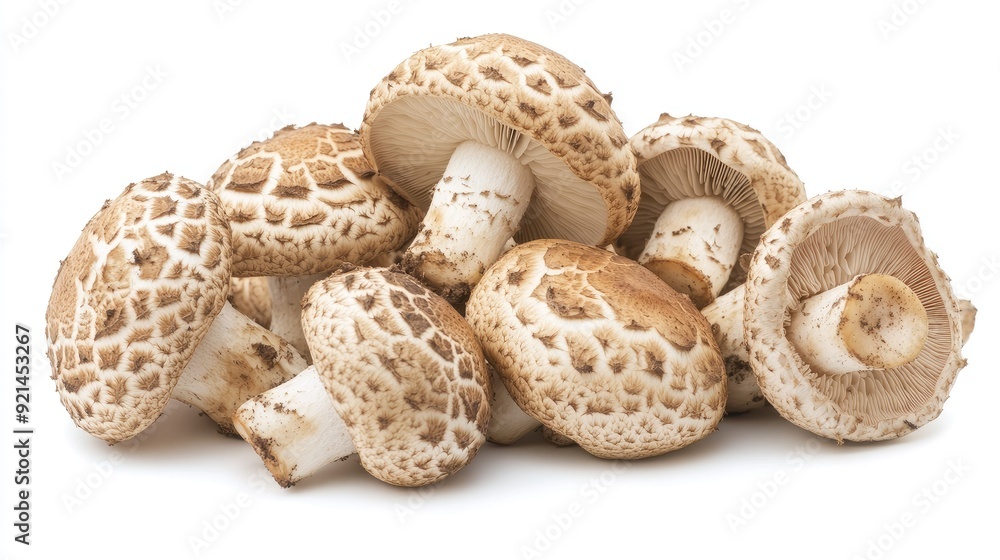 Poster a group of matsutake mushrooms with their distinct shapes and patterns, isolated on a white backgrou