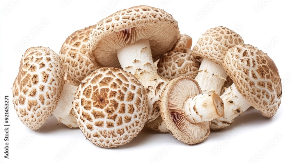 Poster a group of matsutake mushrooms with their distinct shapes and patterns, isolated on a white backgrou