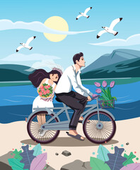 Just married couple in bicycle chibi characters