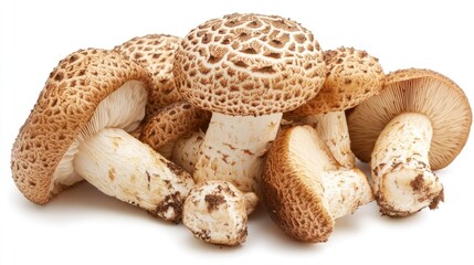 A group of Matsutake mushrooms with their distinct shapes and patterns, isolated on a white background.