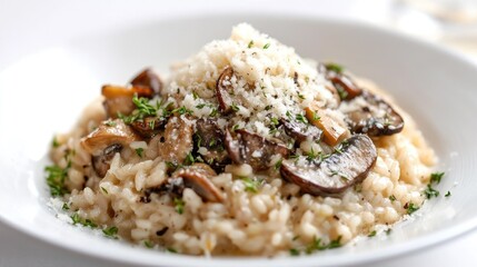 A luxurious plate of truffle mushroom risotto, garnished with parmesan and herbs, with a white background.