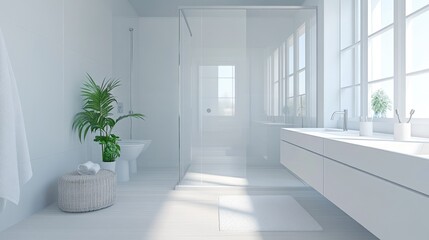 A minimalist bathroom with a glass shower, a white vanity, and minimal decor.
