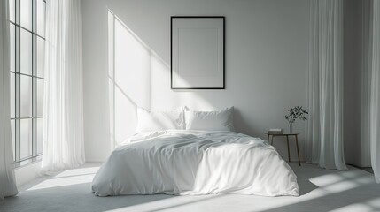 A minimalist bedroom with natural light, white linens, and a single framed picture. --a