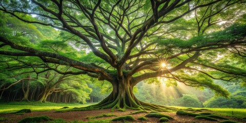 Naklejka premium Majestic tree in lush forest setting, nature, green, environment, foliage, branches, leaves, wood, tall, organic, growth