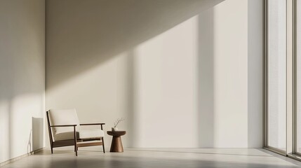 Fototapeta premium A minimalist living space with a large window, a single chair, and a small side table.