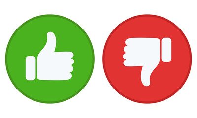 Like and dislike flat icon set in green and red circle isolated on white background.