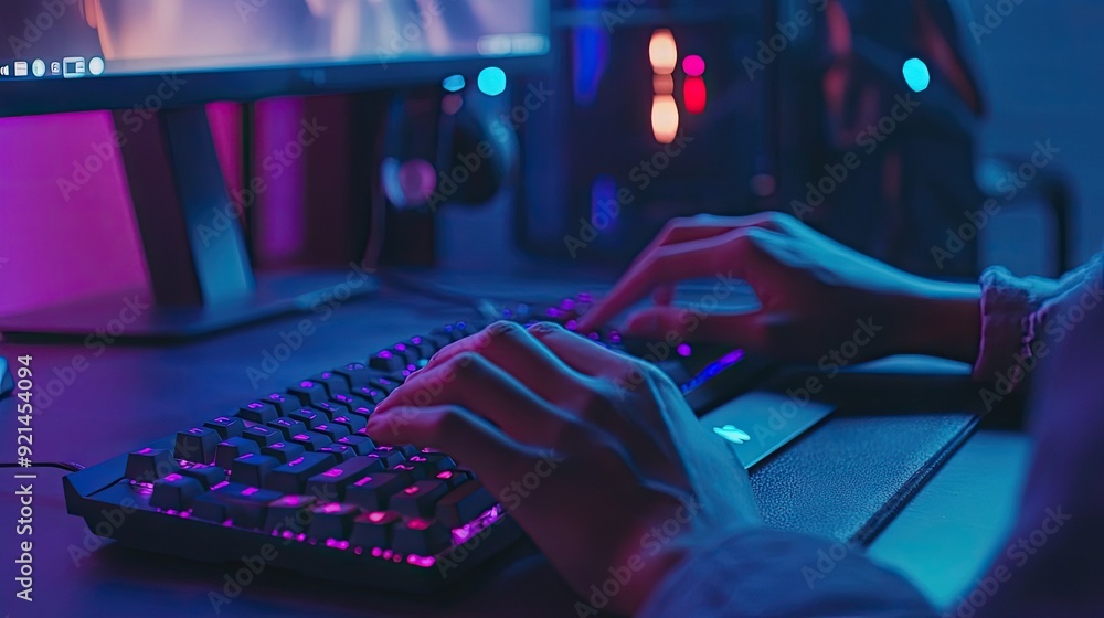 Poster a person typing on a wireless keyboard with a computer in the background.