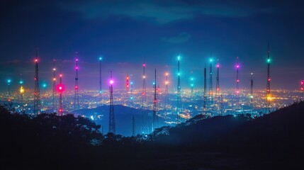 A panoramic view of a city with multiple signal towers lit up in different colors.