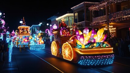A parade of lights on a festival street, with floats and illuminated displays.
