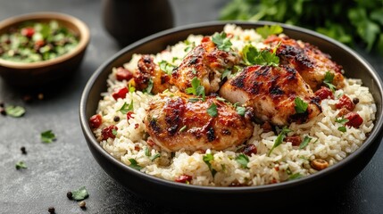 A plate of fragrant rice paired with succulent pieces of roasted chicken and herbs.
