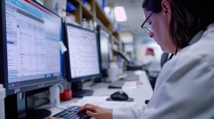 A lab worker types on a keyboard while analyzing data on multiple screens