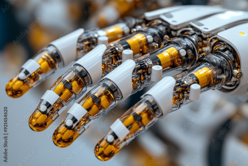 Poster series of robotic arms engaged in meticulous mechanical tasks showcasing precision and automation in