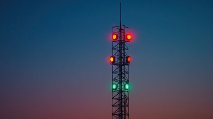 A tall signal tower with lights changing colors in a sequence, set against the evening sky.