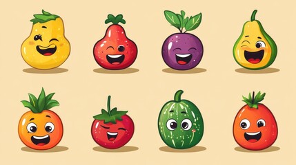 A set of colorful cartoon fruit and vegetable faces, each with unique expressions, bringing a playful and joyful vibe